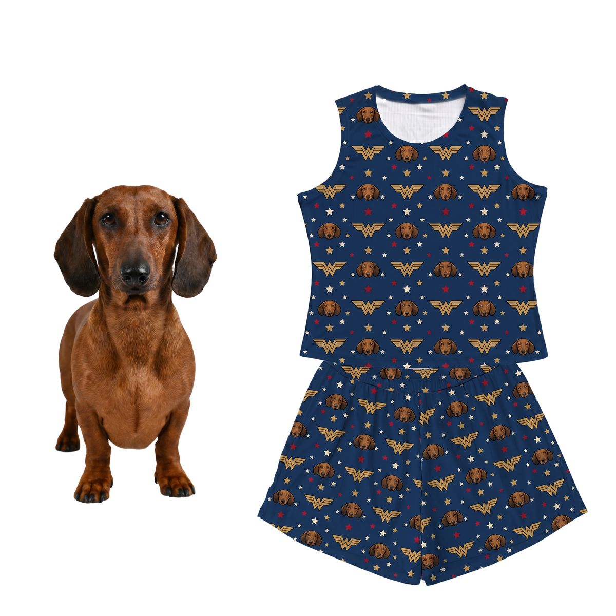Dog with a blue tank top and shorts set featuring Wonder Woman and dog patterns on a white background