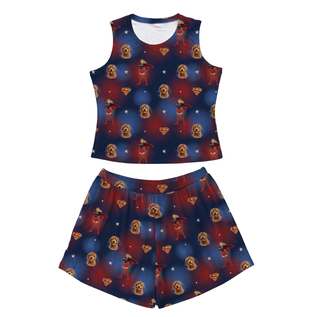 Supergirl-themed tank top and shorts set on a white background[IconicSupergirl]