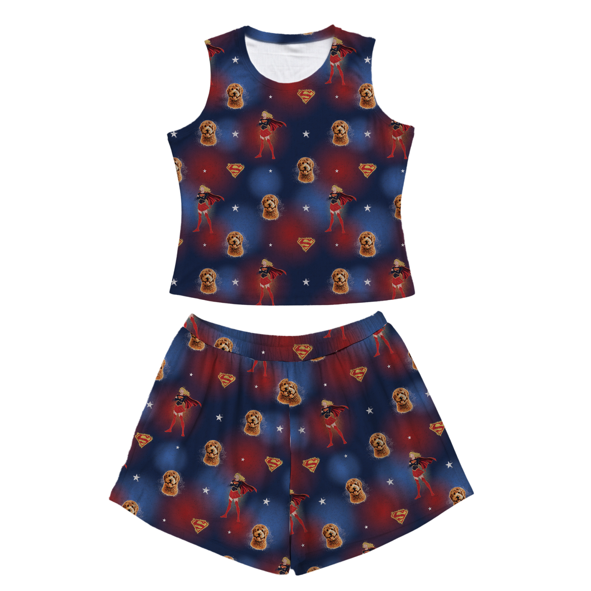 Supergirl-themed tank top and shorts set on a white background