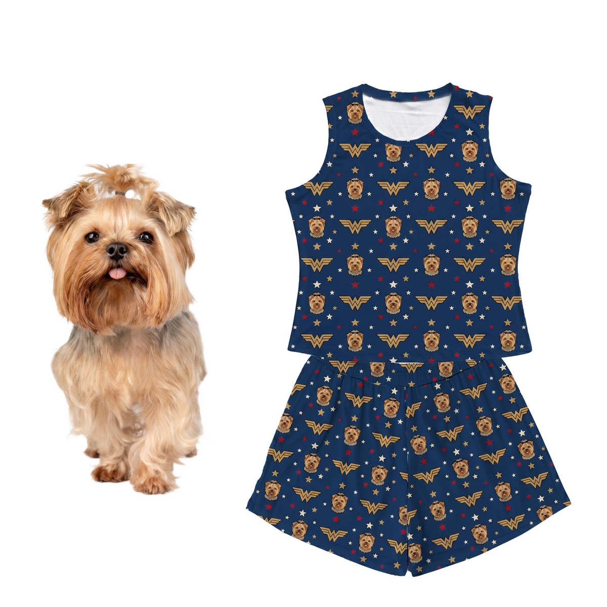 Dog wearing a Wonder Woman-themed outfit with a matching tank top and shorts on a white background