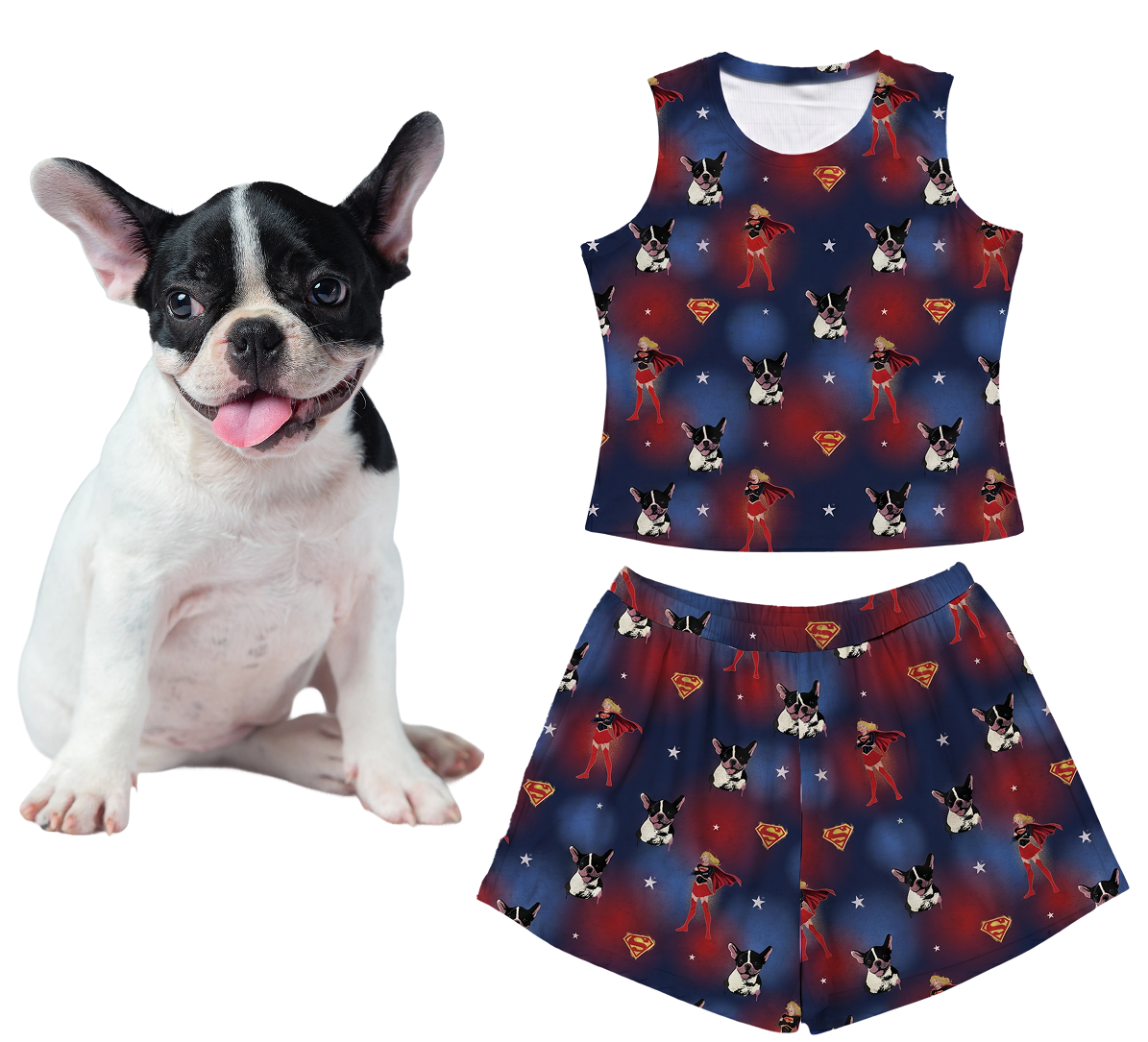 Supergirl-themed tank top and shorts set on a white background
