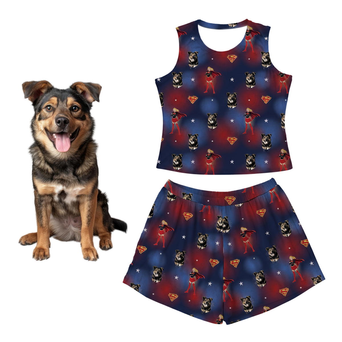 Dog with a matching superhero-themed tank top and shorts set on a white background