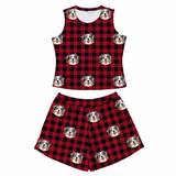 This is a Buffalo Plaid print pajama set with a tank top and high-waisted pajama shorts covered in repeating pet faces[BuffaloPlaidTankTopPajamaSet]