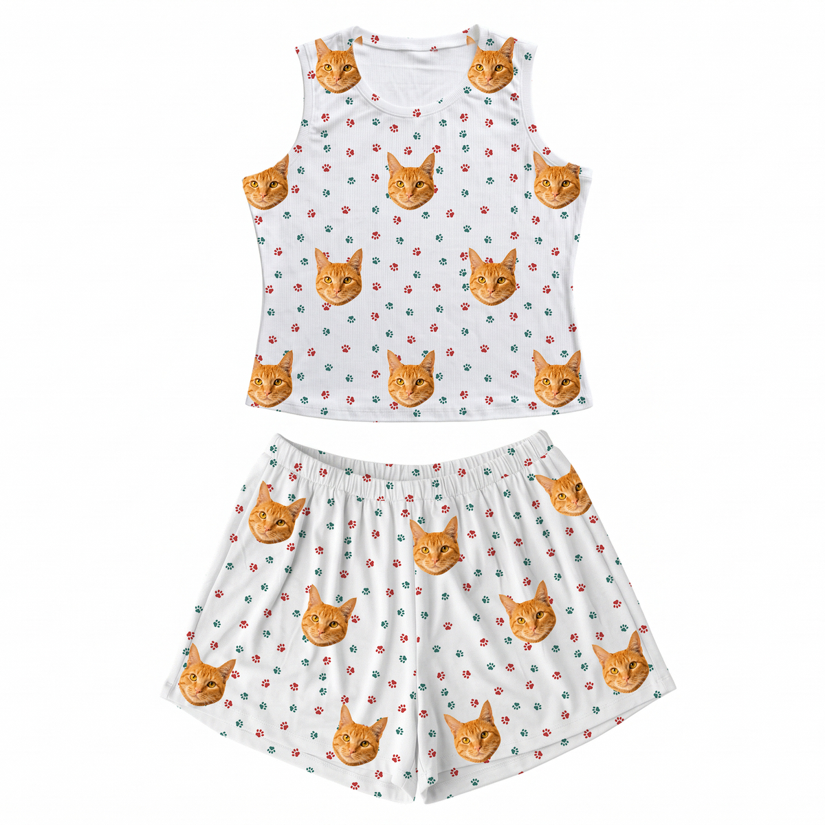 This is a Christmas Paws print pajama set with a tank top and high-waisted pajama shorts covered in repeating pet faces[ChristmasPawsTankTopPajamaSet]