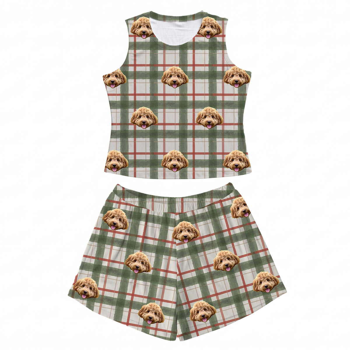 This is a Light Christmas Flannel print pajama set with a tank top and high-waisted pajama shorts covered in repeating pet faces[LightChristmasFlannelTankTopPajamaSet]