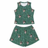 This is a Mistletoe print pajama set with a tank top and high-waisted pajama shorts covered in repeating pet faces[MistletoeTankTopPajamaSet]
