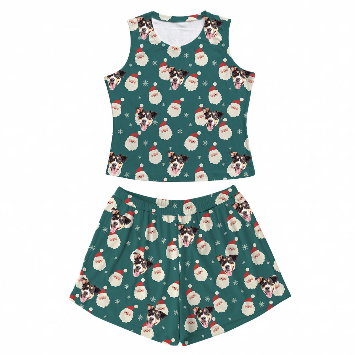 This is a Santa print pajama set with a tank top and high-waisted pajama shorts covered in repeating pet faces[SantaTankTopPajamaSet]