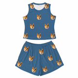 This is a Solid Blue print pajama set with a tank top and high-waisted pajama shorts covered in repeating pet faces[SolidBlueTankTopPajamaSet]