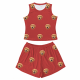 This is a Solid Red print pajama set with a tank top and high-waisted pajama shorts covered in repeating pet faces[SolidRedTankTopPajamaSet]
