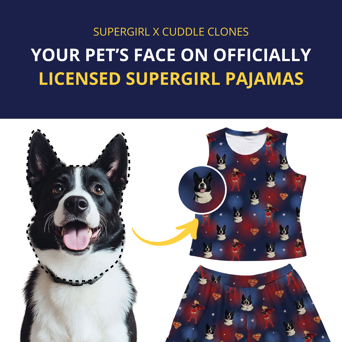Dog with pet's face on Supergirl-themed pajamas