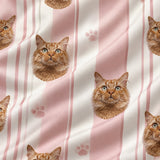 Close-up of the Terracotta Stripes print showing custom pet faces on a cream fabric with terracotta pink stripes