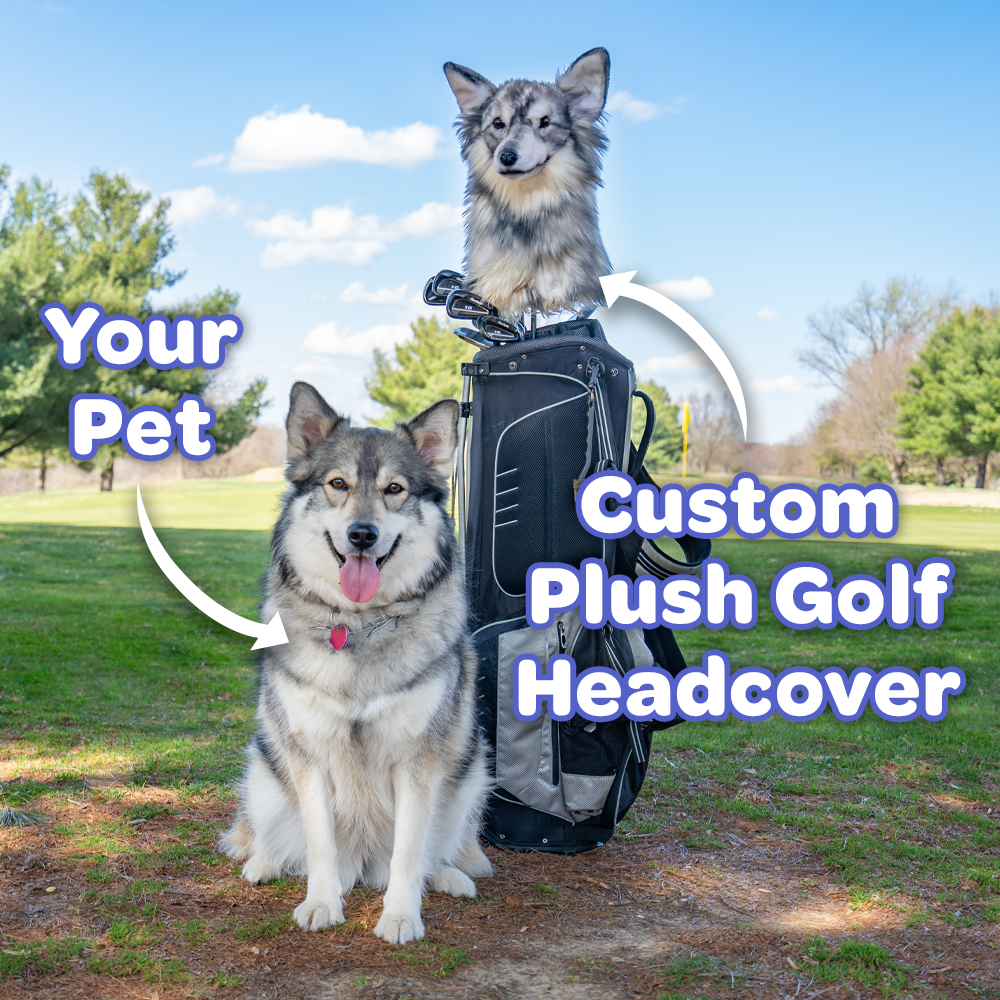 Custom plush golf headcover featuring a dog. 