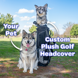 Custom plush dog headcover. Overlay: 'Your Pet Custom Plush Golf Headcover'.