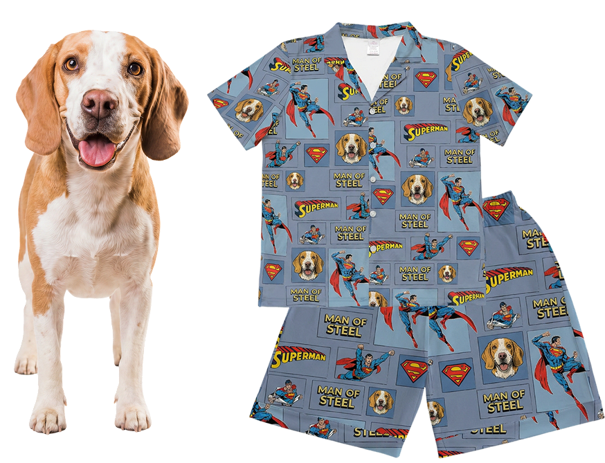 Dog next to a Superman-themed dog pajama set on a white background