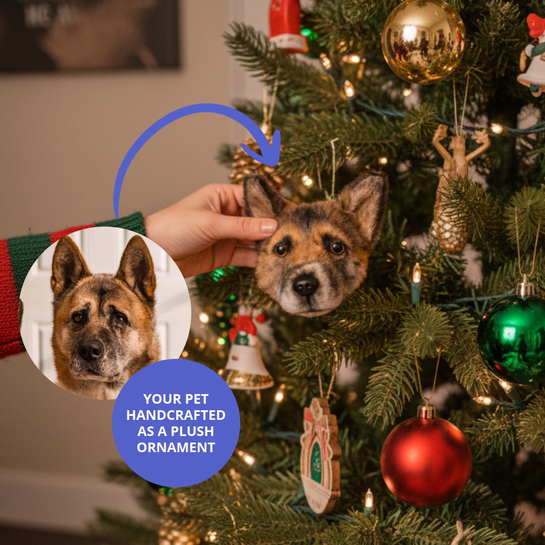 Hand holding a plush dog ornament in front of a decorated Christmas tree with ornaments and lights.
