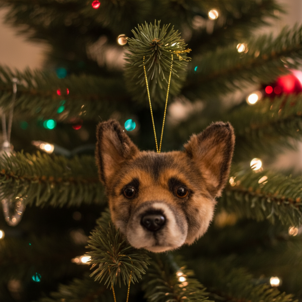 Dog-shaped ornament hanging in a Christmas tree with lights and decorations.