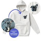 White hoodie with embroidered pet face design on a white background