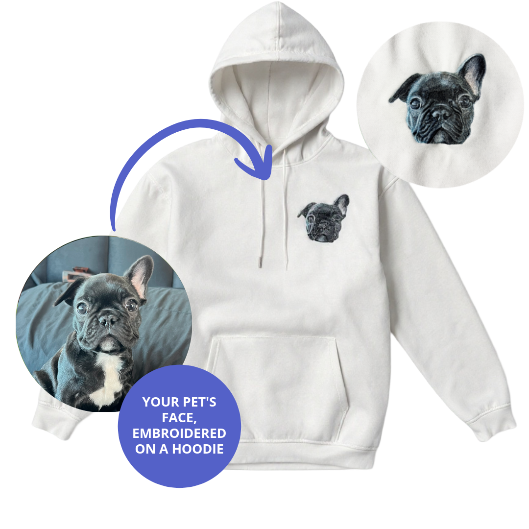 White hoodie with embroidered pet face design on a white background