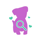 Purple cartoon-style silhouette of a dog with a teal magnifying glass over its body and small teal heart icons scattered around it.