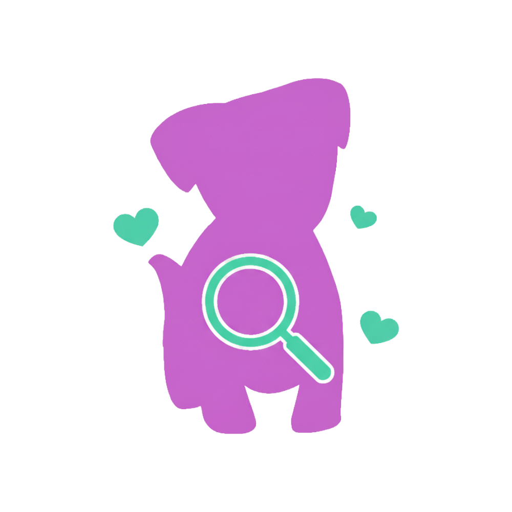 Purple cartoon-style silhouette of a dog with a teal magnifying glass over its body and small teal heart icons scattered around it.