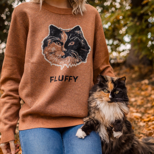 Person wearing a brown sweater with a cat design and the word 'FLUFFY'