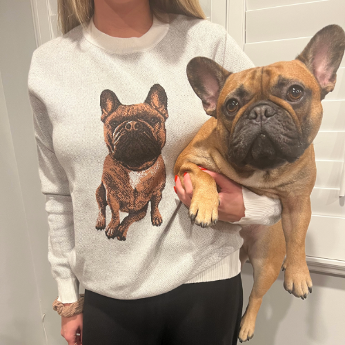 Person wearing a sweatshirt with a dog graphic, holding a real dog.