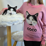 Person wearing a pink sweater with a cat design and 'COCO' text