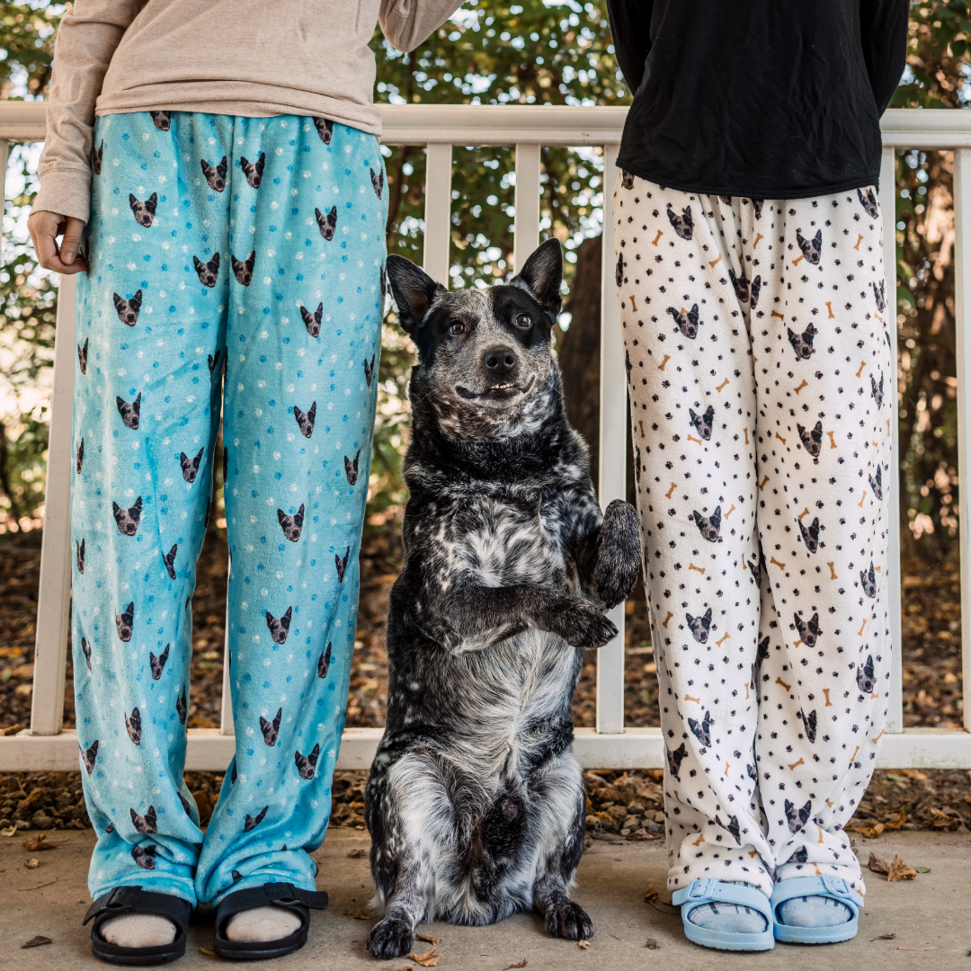 Two people who are standing on a porch. Both people are wearing pajama pants printed with the dog’s face—one pair in light blue with paw prints and the other in white with bones and paw prints. The dog poses with one paw raised, looking directly at the camera.