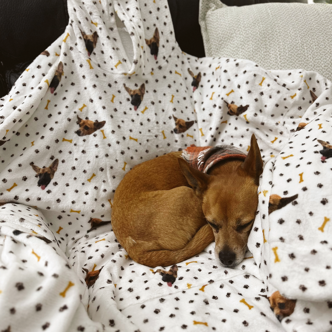 A small brown dog curled up and sleeping on a white fluffy blanket printed with paw prints, dog faces, and yellow bone patterns.
