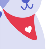 Minimalist illustration of a purple dog wearing a red Custom Pet Bandana with a white heart. Only the lower face and chest are shown in soft colors and simple lines, highlighting this adorable personalized pet accessory.