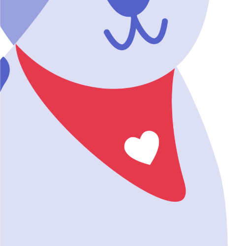 Minimalist illustration of a purple dog wearing a red Custom Pet Bandana with a white heart. Only the lower face and chest are shown in soft colors and simple lines, highlighting this adorable personalized pet accessory.
