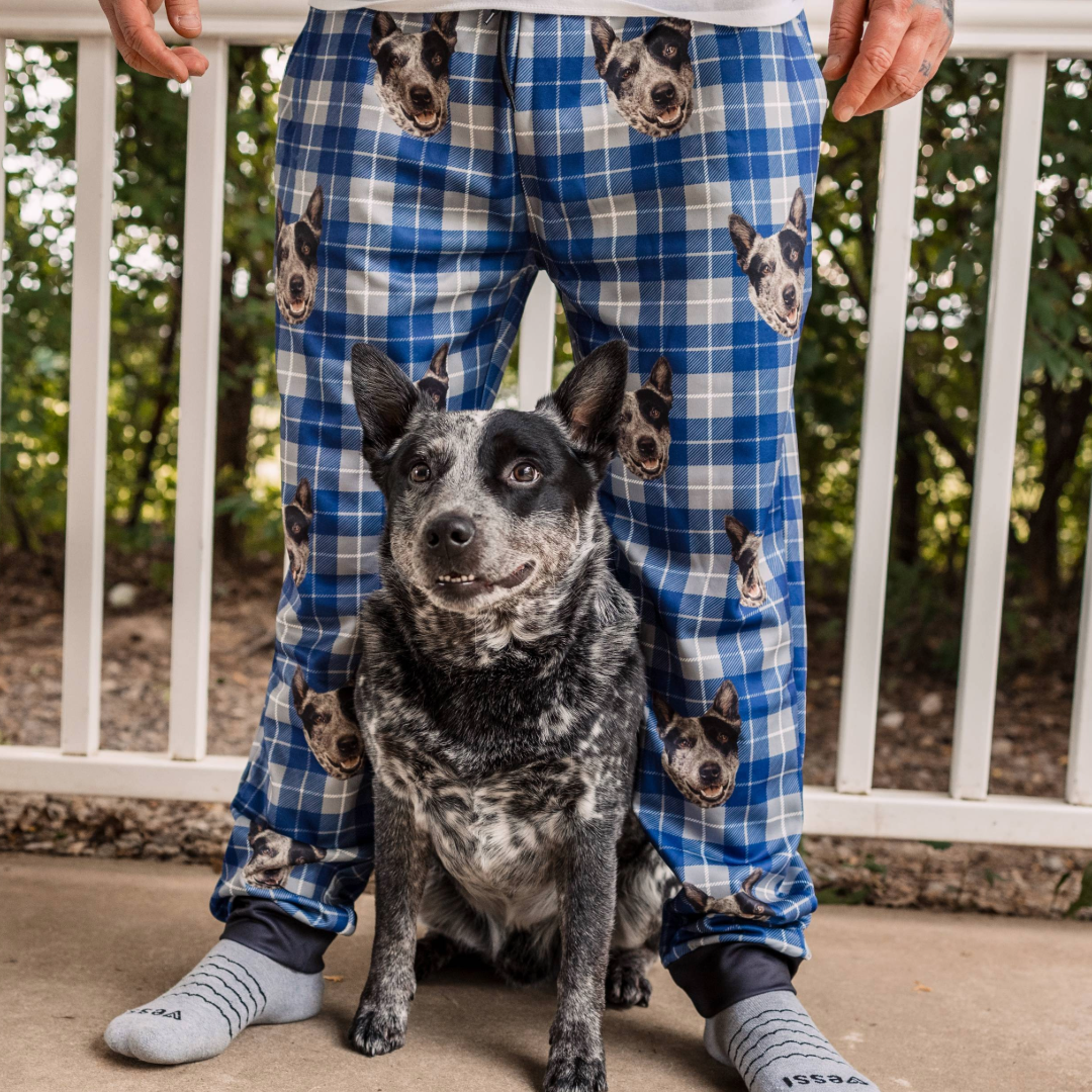 A black-and-white speckled dog sits between a person's legs on a porch. The person is wearing blue plaid pajama pants printed with the dog’s face, along with gray socks.