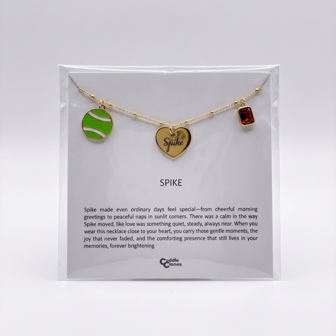 Necklace with heart-shaped pendant, tennis ball charm, and red gemstone on a display card with text.