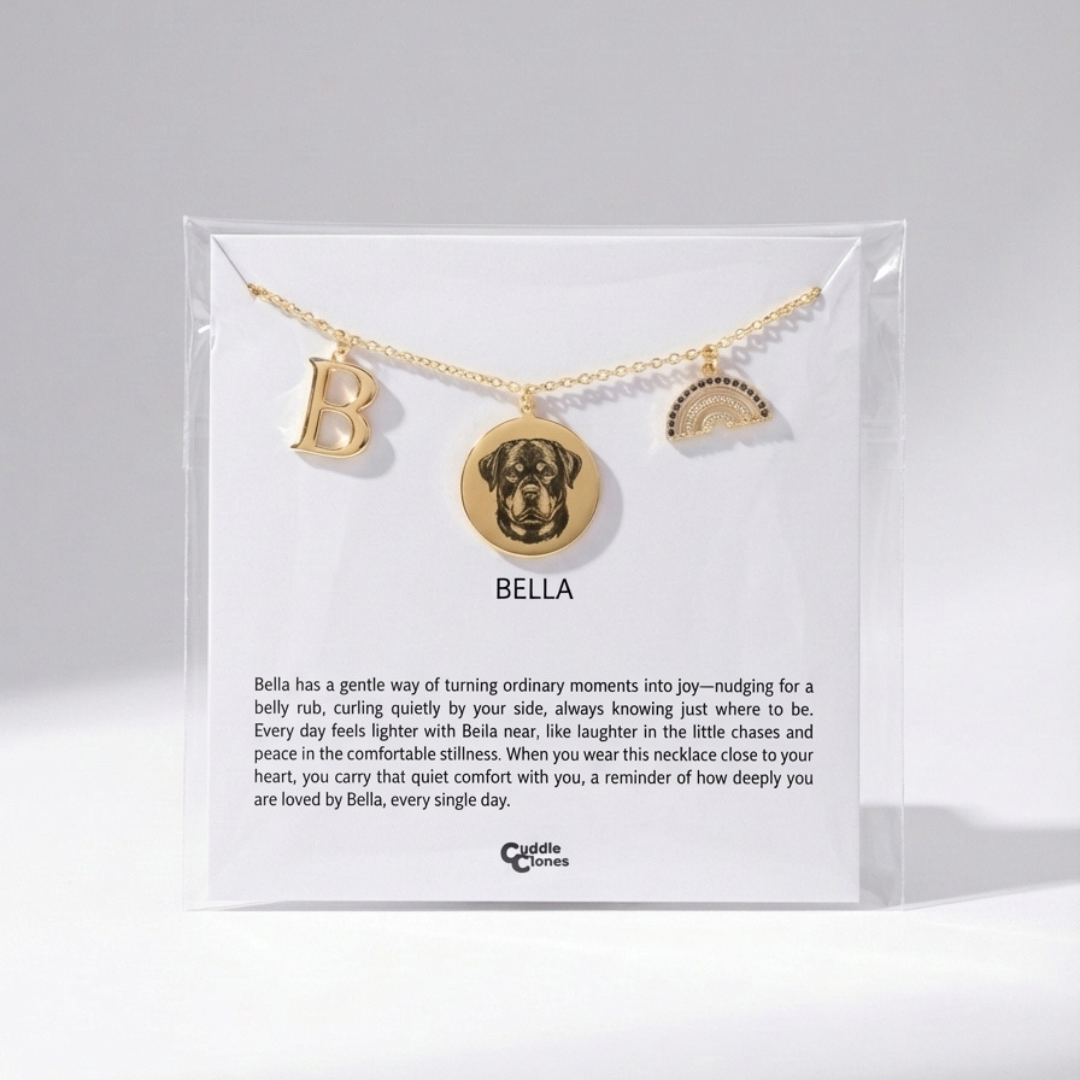 Gold necklace with 'B' pendant and dog charm on a white card with text