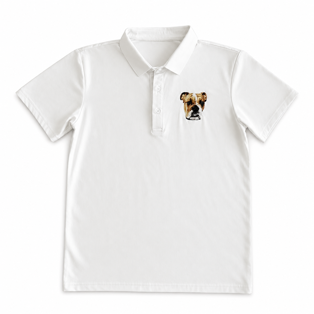A white short-sleeve polo shirt with a small graphic of a bulldog's face on the left chest, displayed on a clean white background[White]