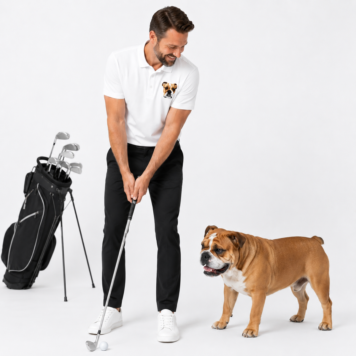 A man in a white polo shirt and black trousers is holding a golf club next to a black golf bag, with a brown bulldog standing nearby on a clean white studio background.