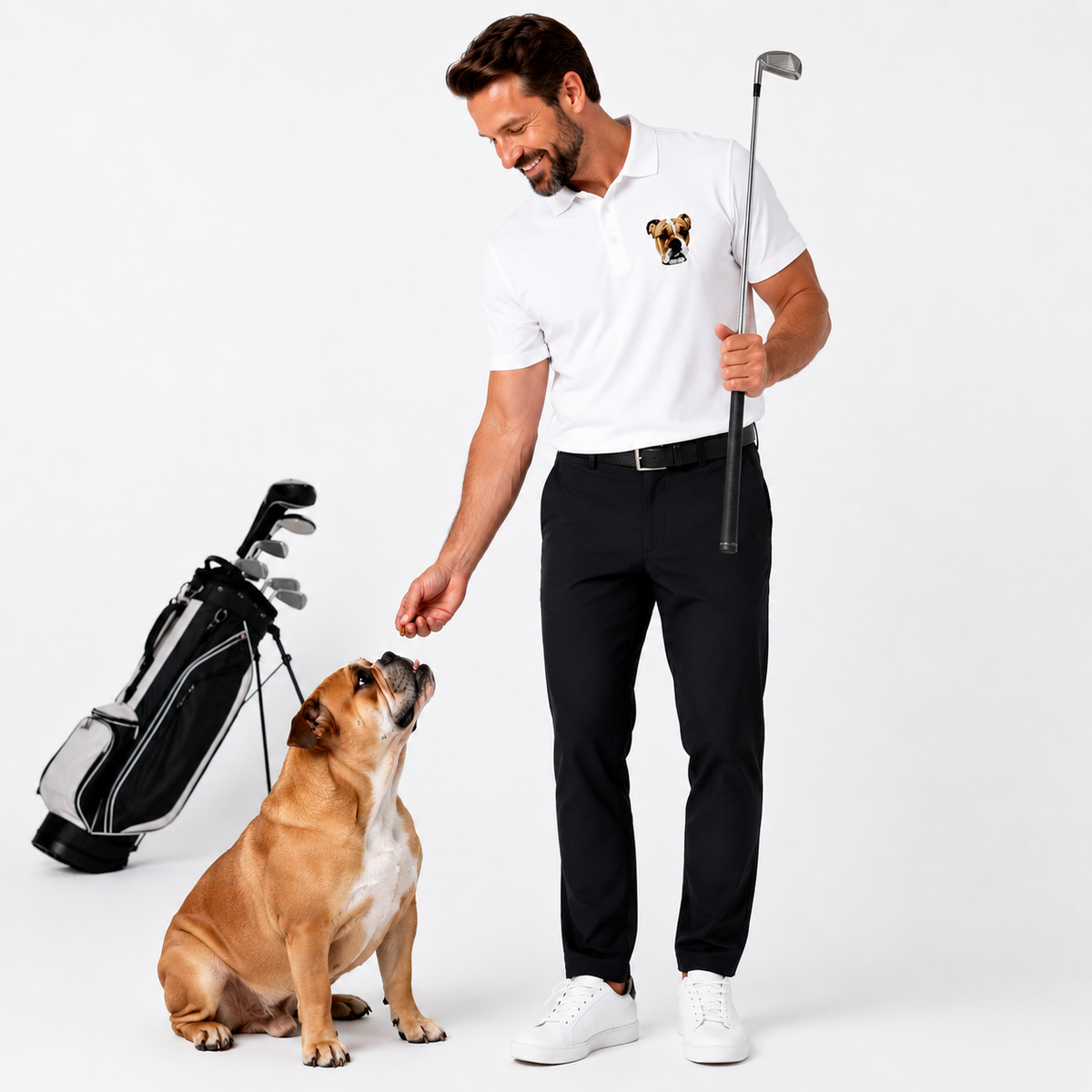 A man wearing a white polo shirt with a bulldog graphic on the chest, black trousers, and white sneakers stands next to a dog while holding a golf club. A golf bag is visible on the left against a clean white studio background.