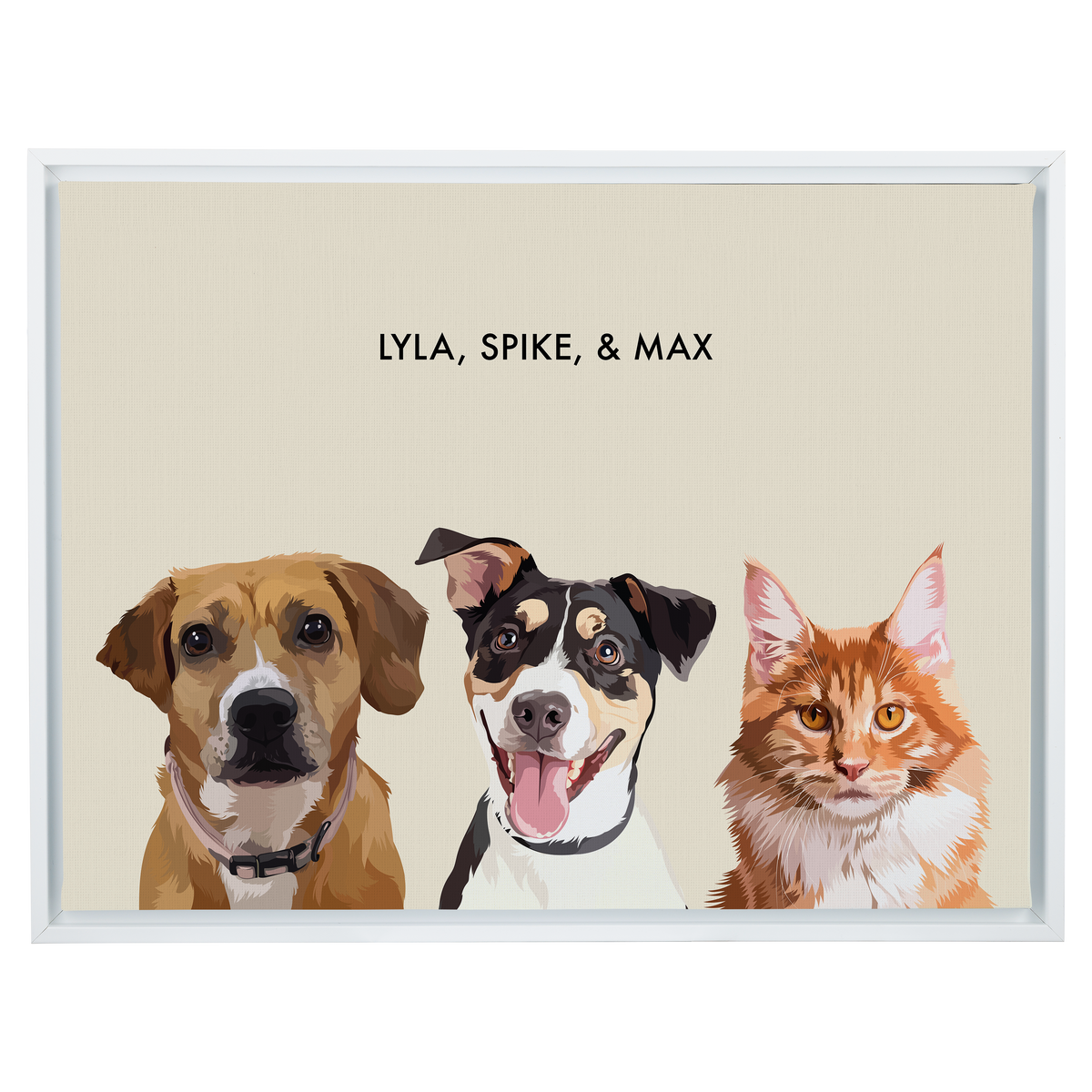 Portrait with three dogs, with white frame and beige background. 18x24 canvas.