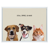 Portrait with three dogs, with white frame and beige background. 18x24 canvas.