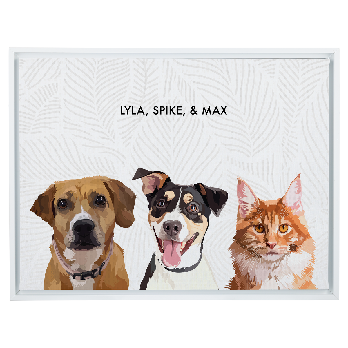 Portrait with three dogs, with white frame and white background with gray leaves. 18x24 canvas.