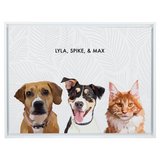 Portrait with three dogs, with white frame and white background with gray leaves. 18x24 canvas.