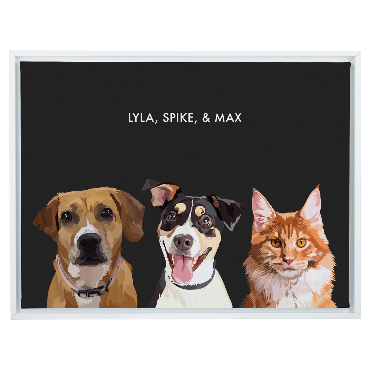 Portrait with three dogs, with white frame and black background. 18x24 canvas.