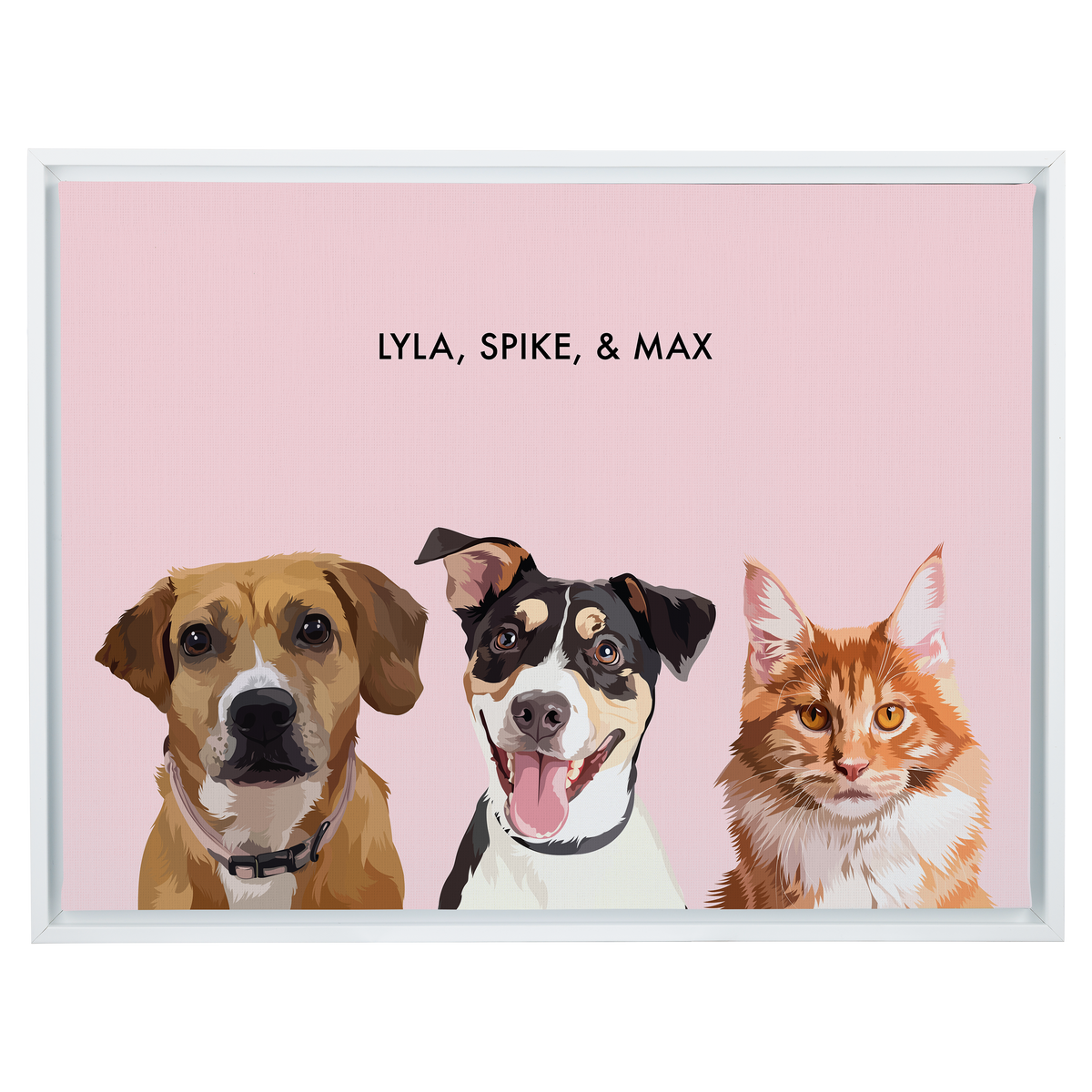 Portrait with three dogs, with white frame and pink background. 18x24 canvas.