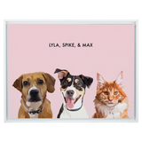 Portrait with three dogs, with white frame and pink background. 18x24 canvas.