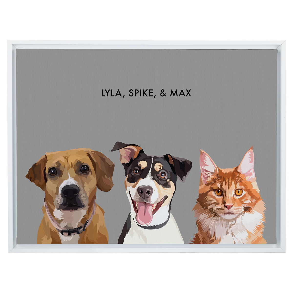 Portrait with three dogs, with white frame and gray background. 18x24 canvas.