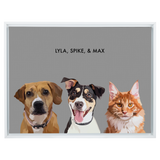 Portrait with three dogs, with white frame and gray background. 18x24 canvas.