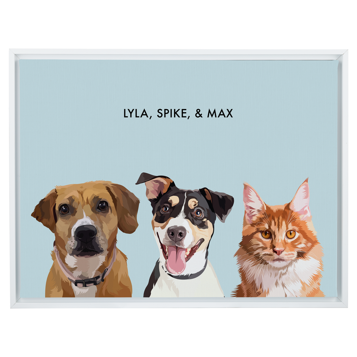 Portrait with three dogs, with white frame and blue background. 18x24 canvas.