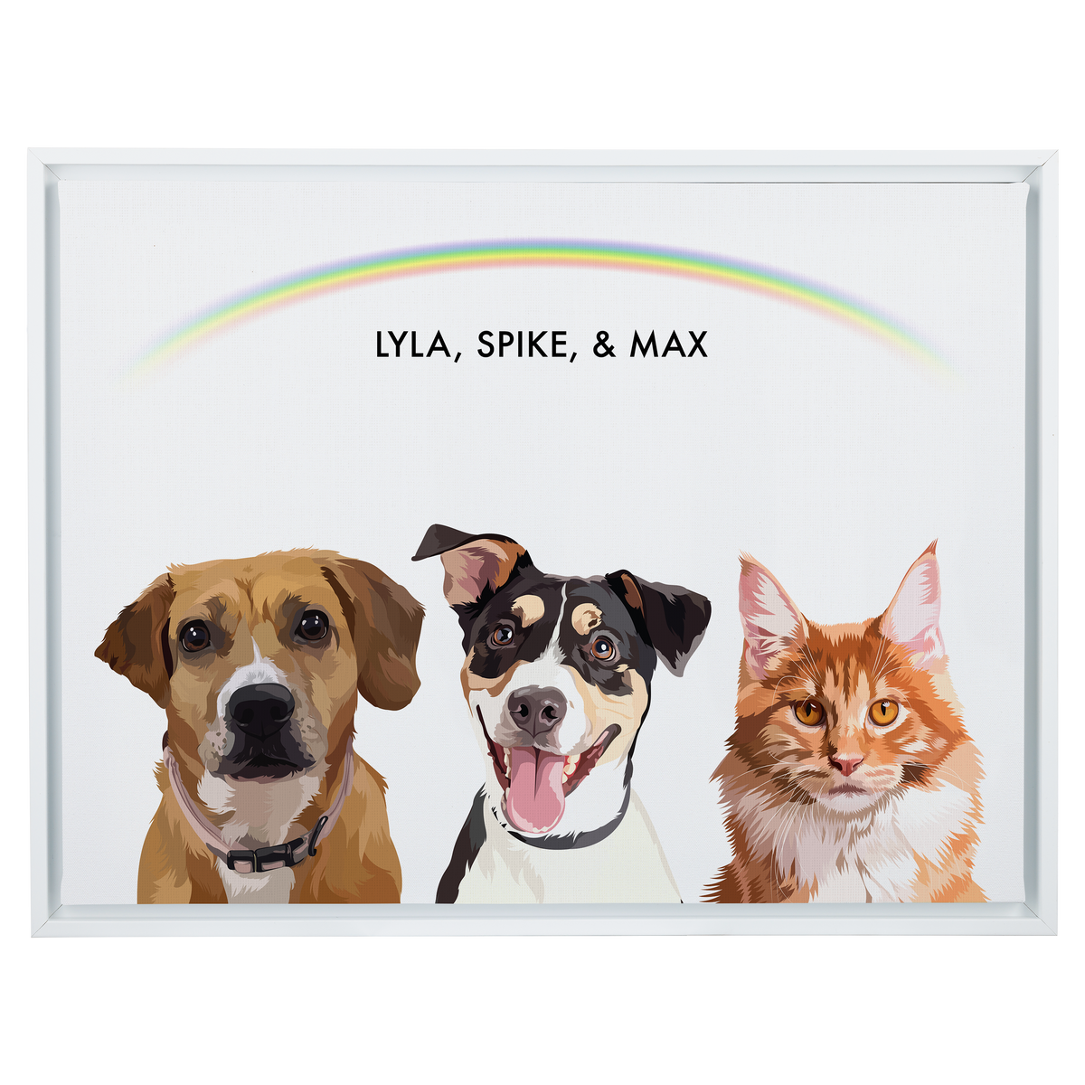 Portrait with three dogs, with white frame and rainbow background. 18x24 canvas.