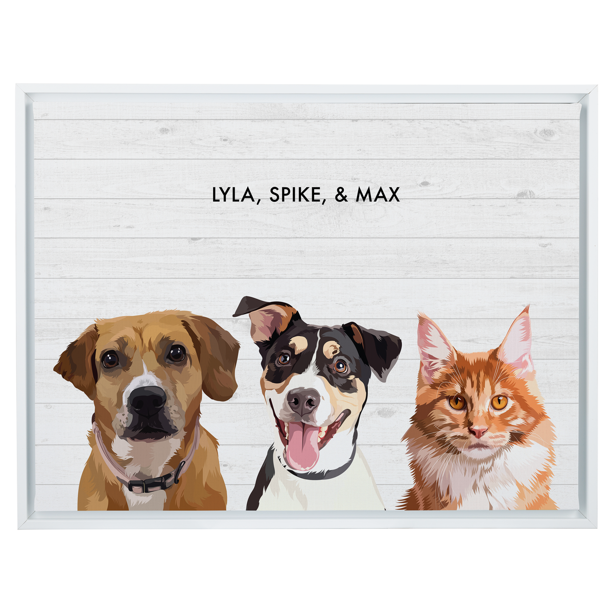 Portrait with three dogs, with white frame and white wood background. 18x24 canvas.