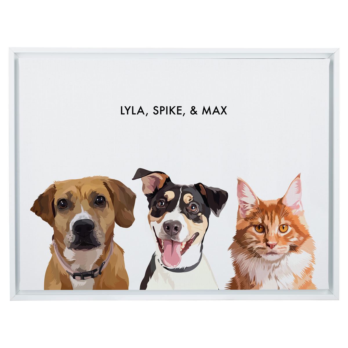 Portrait with three dogs, with white frame and white background. 18x24 canvas.